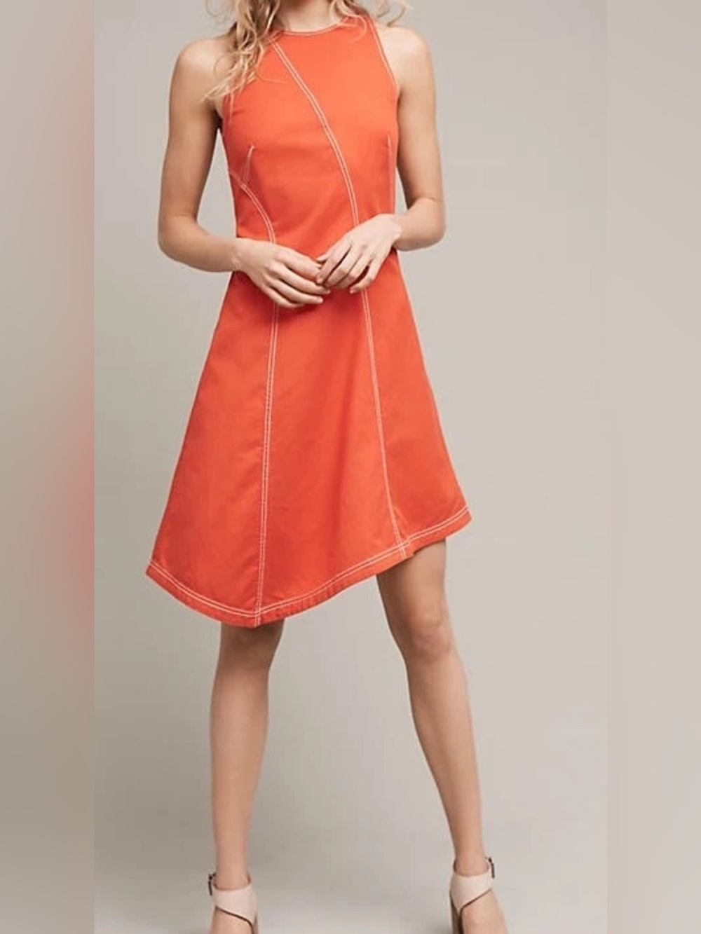 Anthropologie Asymmetrical Dress Maeve Size 10 Red Orange Lightweight Cotton